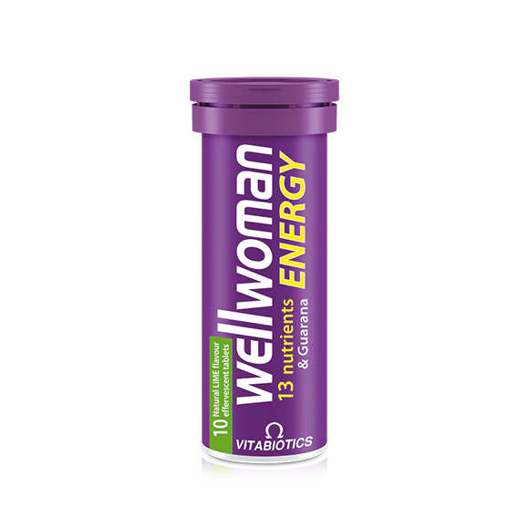 A cylindrical container of Vitabiotics Wellwoman Energy supplements with purple and green branding.
