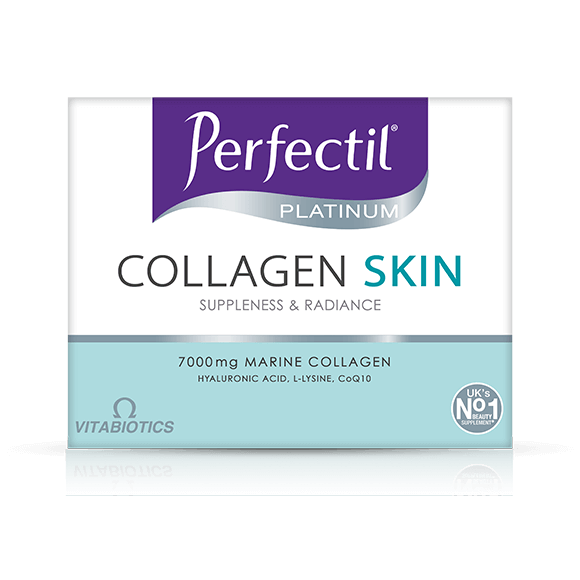 Packaging of Vitabiotics Perfectil Platinum Collagen Skin Drink, highlighting 7000mg marine collagen and vitamins for skin health.