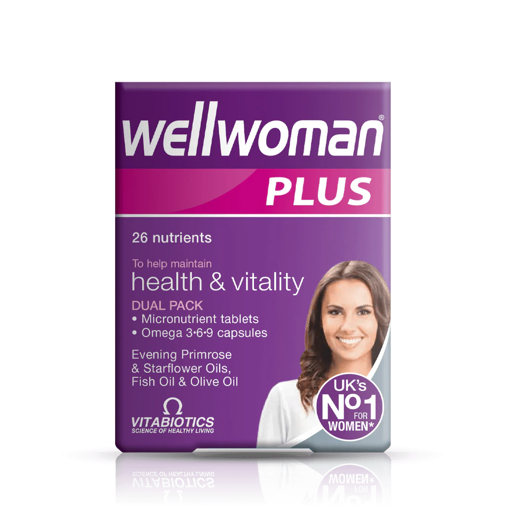 Packaging of Vitabiotics Wellwoman Plus, which includes tablets and capsules for women's wellbeing.