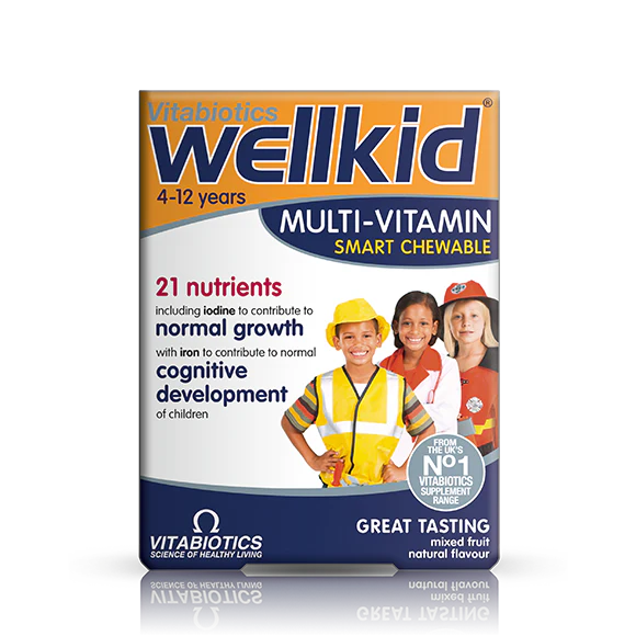 Packaging of Vitabiotics Wellkid Smart Chewable, which is a multi-vitamin supplement for children aged 4-12 years.