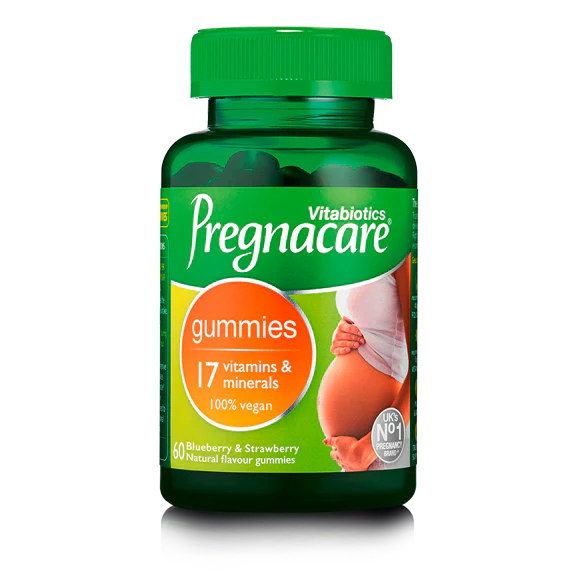 A bottle of Vitabiotics Pregnacare Gummies, labeled as 100% Vegan Halal, with the product description and benefits listed on the label.