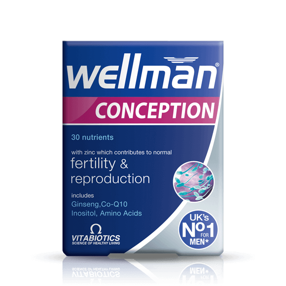 Packaging of Vitabiotics Wellman Conception supplement, which is designed to support male fertility and reproductive health.