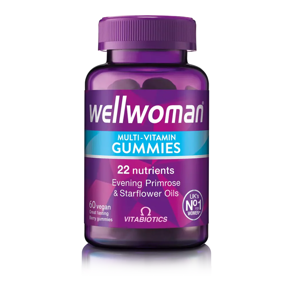 A bottle of Vitabiotics Wellwoman Gummies, which are multivitamin supplements in gummy form