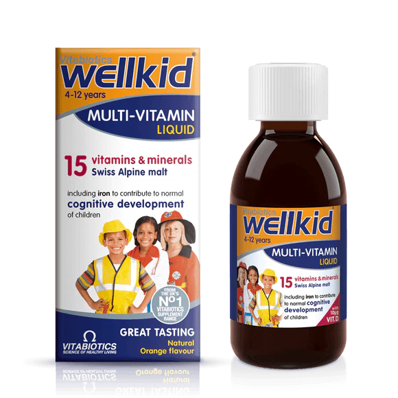 Packaging of Vitabiotics Wellkid Multi-Vitamin Liquid, showing a bottle and box with information and logos.