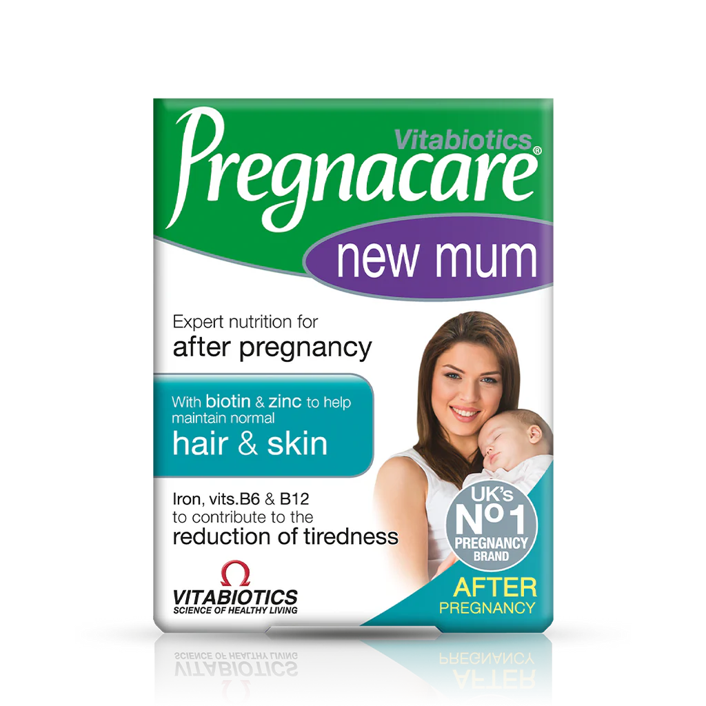 Packaging of Vitabiotics Pregnacare New Mum supplement, featuring a green and white color scheme