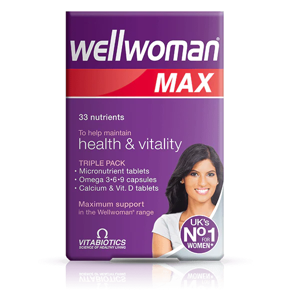 Packaging of Vitabiotics Wellwoman Max with a purple and white color scheme, featuring the claim of containing 33 nutrients.