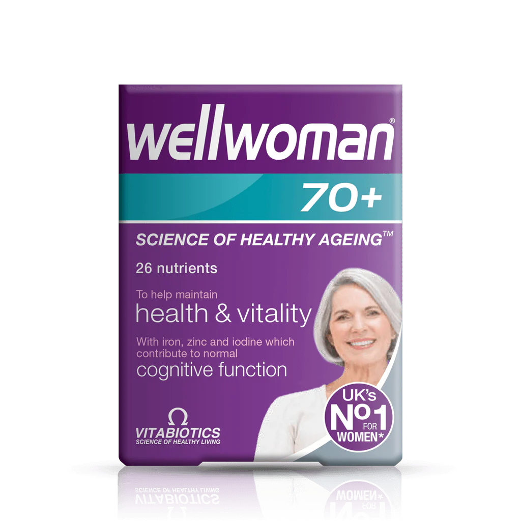 Packaging of Vitabiotics Wellwoman 70+ nutritional supplement, featuring a purple and white color scheme