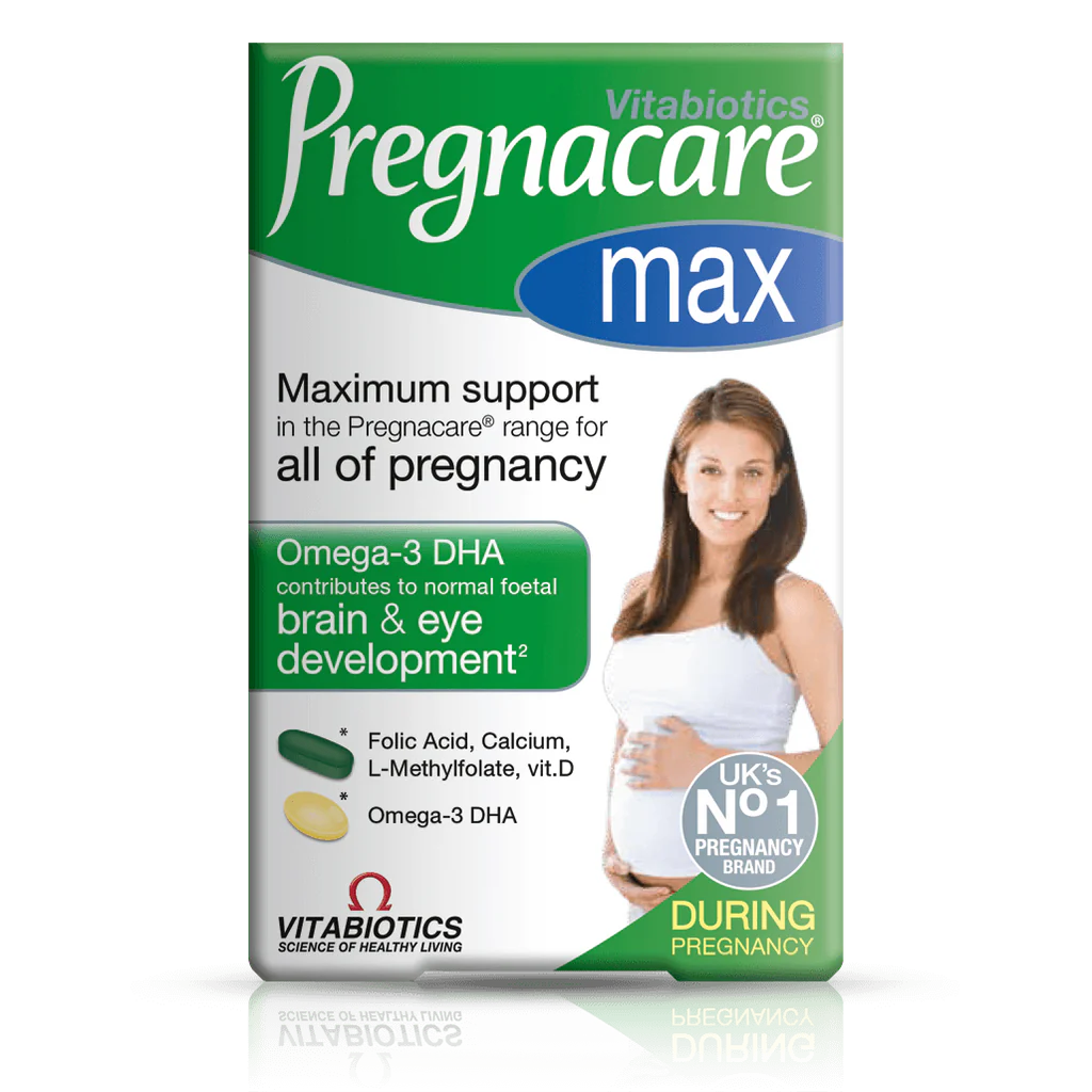 Packaging of Vitabiotics Pregnacare Max, a nutritional supplement for pregnancy, showing the product name, logo, and an image of a smiling pregnant woman.