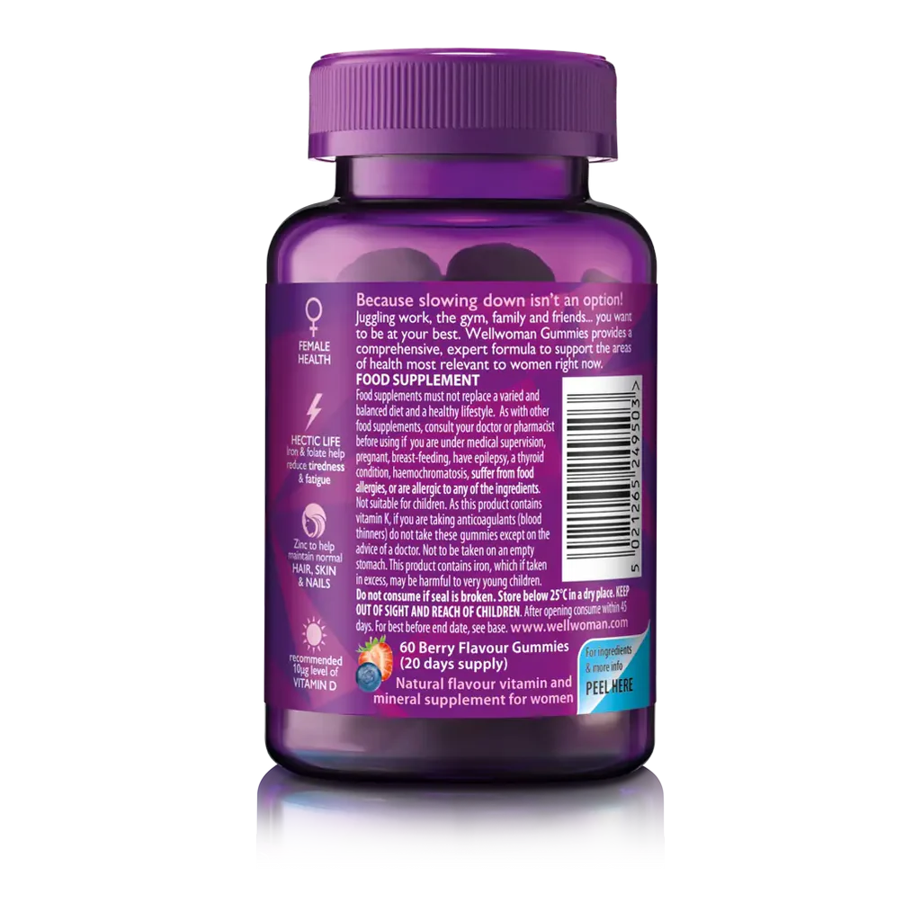 Wellwoman Gummies Bottle Backside with Guidelines Text