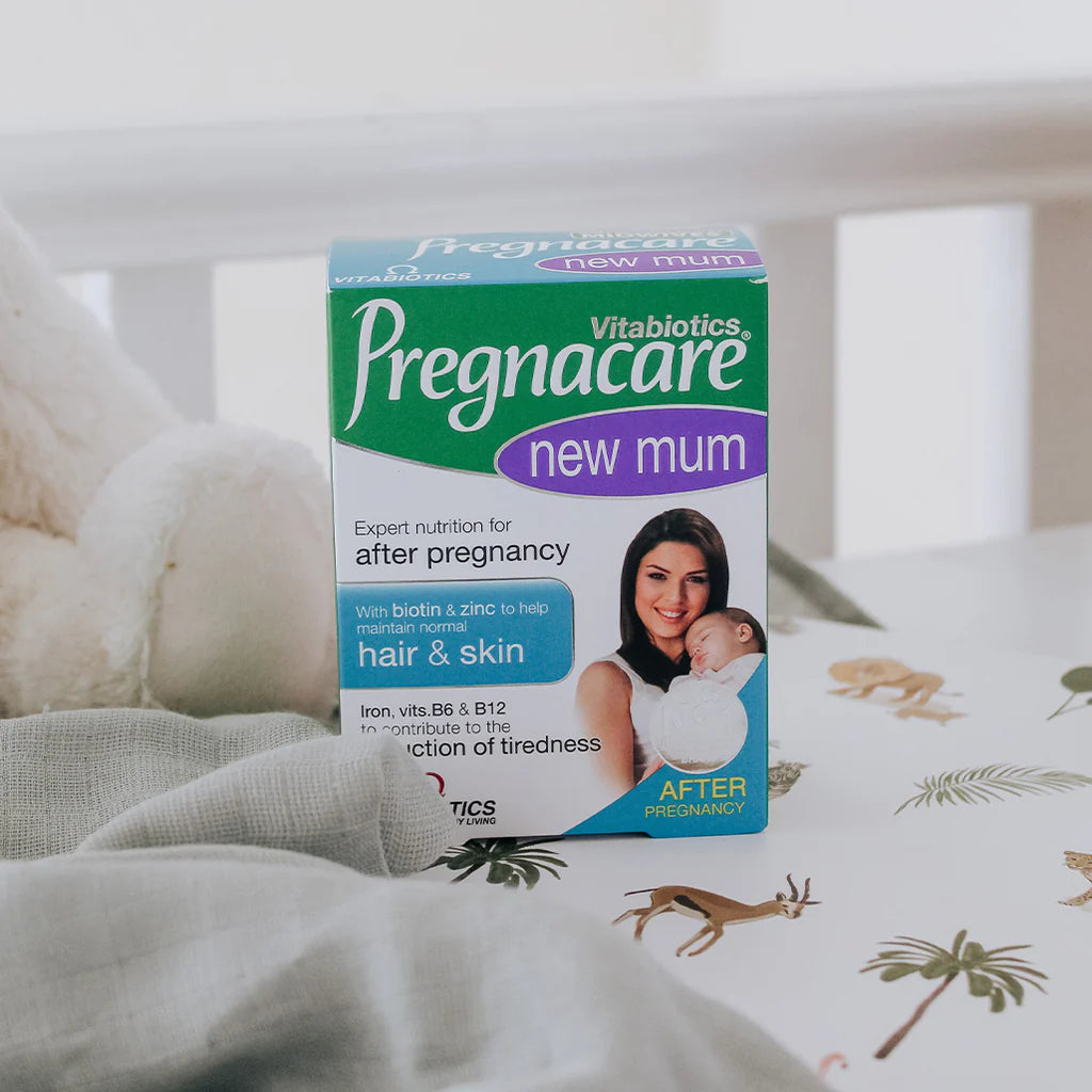 Vitabiotics Pregnacare New Mum Tablets Box placed on a bed