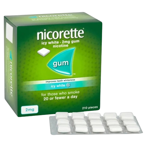 Nicorette icy white nicotine gum packaging with individual pieces displayed.