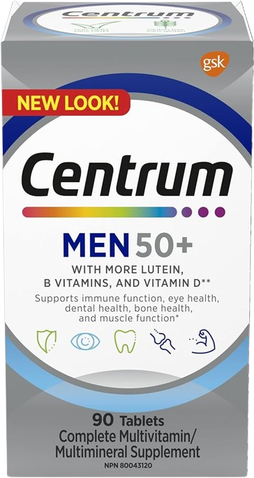 Centrum Men 50+ multivitamin supplement packaging with GSK logo