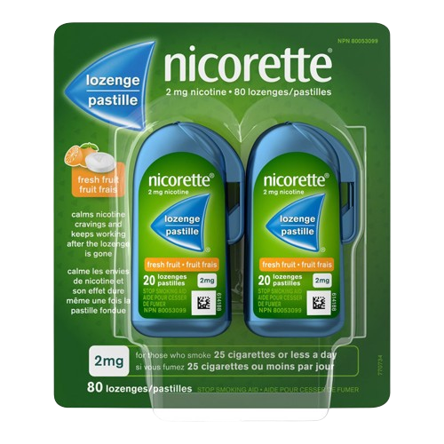 Nicorette lozenge pastille packaging with green and blue design