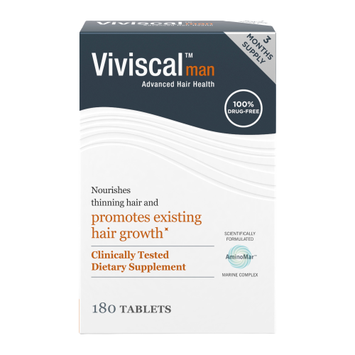 Viviscal man hair health supplement packaging on a white background