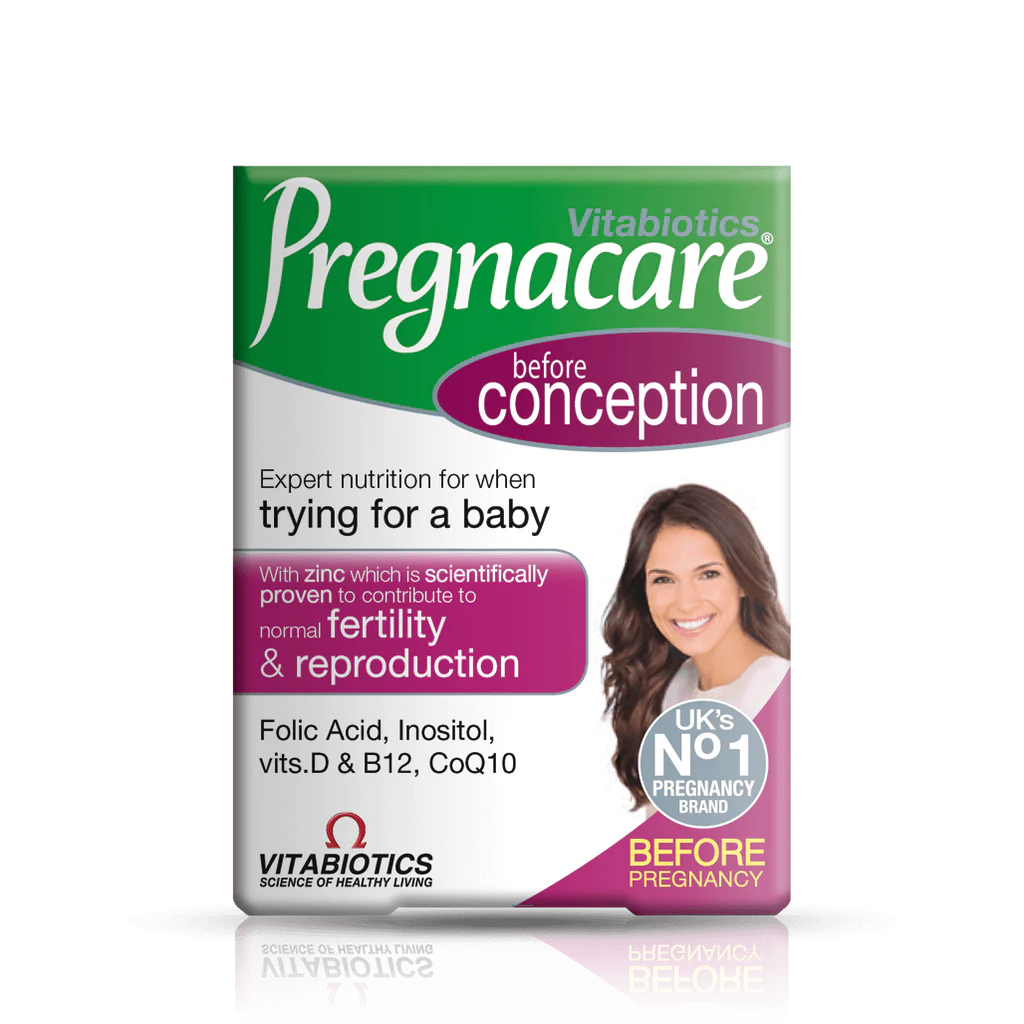 Packaging of Vitabiotics Pregnacare Before Conception, a supplement for fertility and reproduction support, featuring a smiling woman on the box.