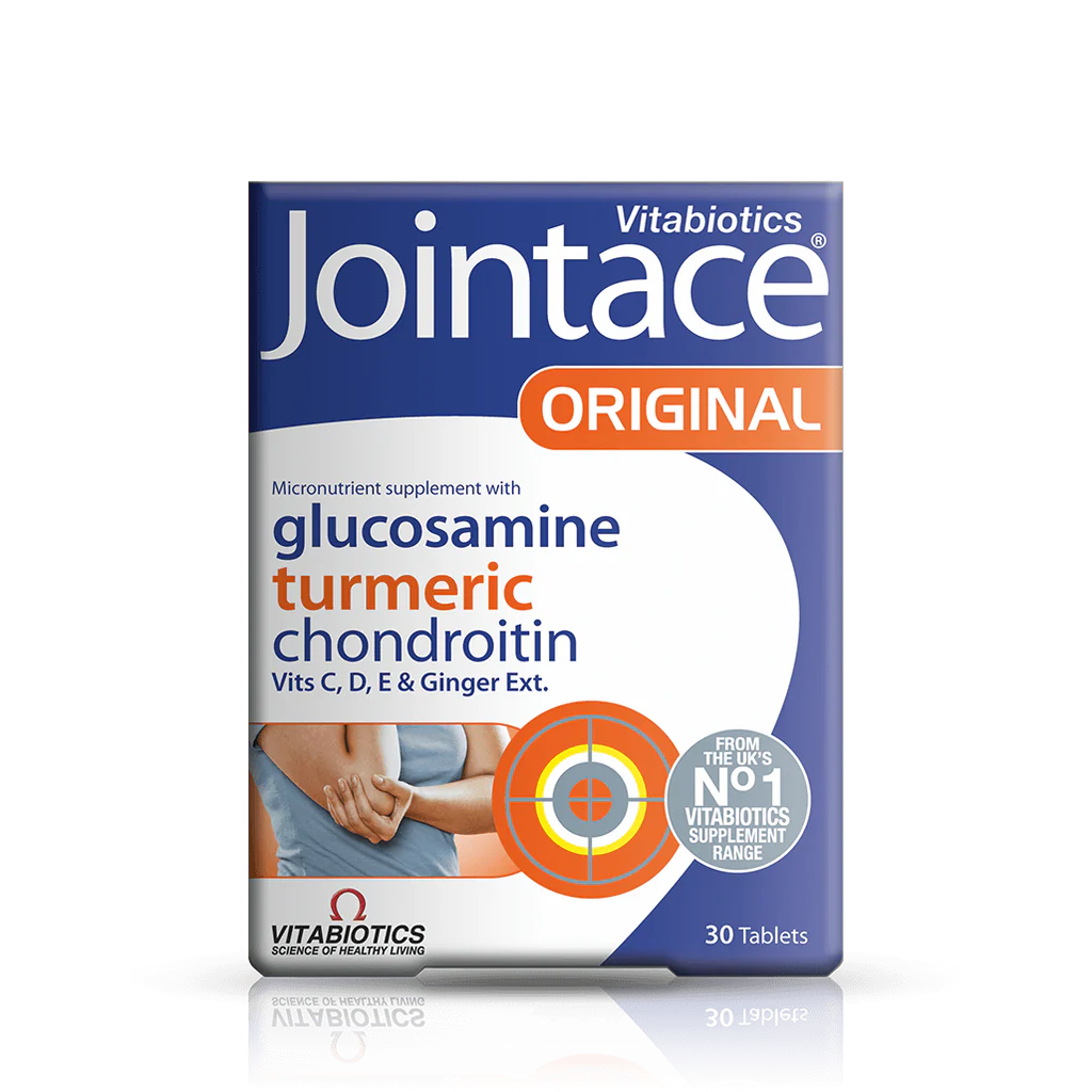 Packaging of Vitabiotics Jointace Original tablets, highlighting glucosamine, turmeric, chondroitin, with vitamins C, D, E and ginger extract, containing 30 tablets.