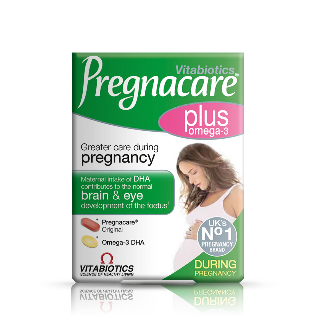 Packaging of Vitabiotics Pregnacare Plus, which combines Pregnacare Original tablets with high-purity Omega-3 capsules