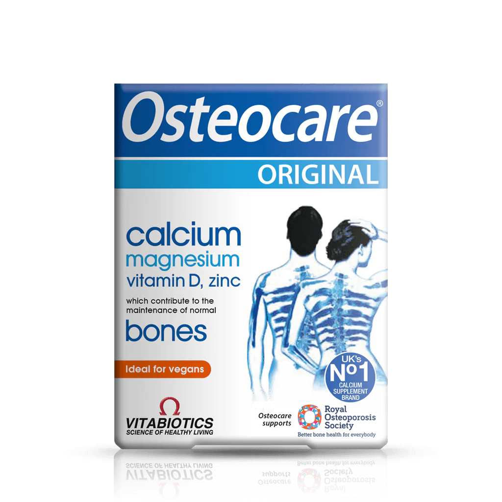 Packaging of Vitabiotics Osteocare Original, which contains calcium, magnesium, vitamin D, and zinc tablets, with a graphic showing the human skeleton and highlighting the bones.