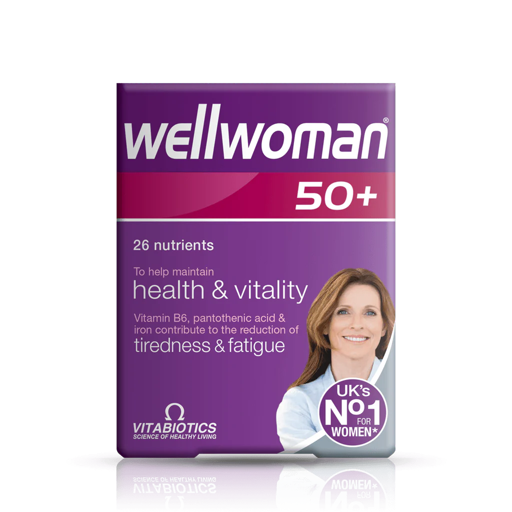 Packaging of Vitabiotics Wellwoman 50+ nutritional supplement, featuring the product name and image