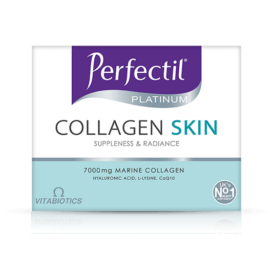 Packaging of Vitabiotics Perfectil Platinum Collagen Skin Drink, highlighting 7000mg marine collagen and vitamins for skin health.