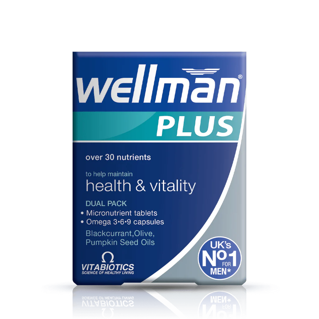 Packaging of Vitabiotics Wellman Plus Omega 3-6-9, featuring a blue and white box with product information and branding.