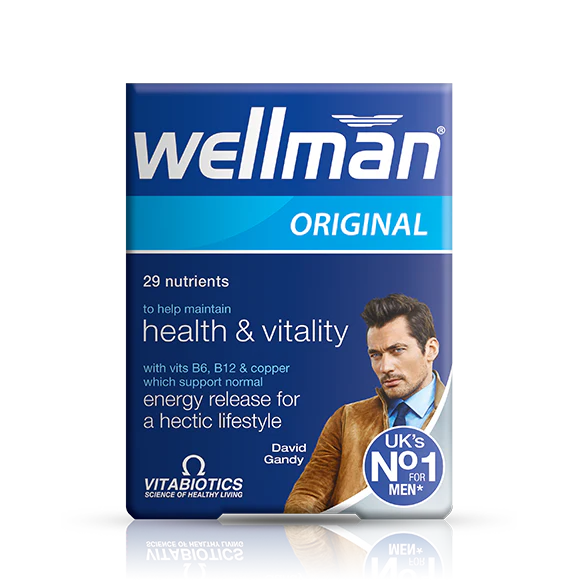Packaging of Vitabiotics Wellman Original, a nutritional supplement for men's health and vitality, featuring 29 essential nutrients.