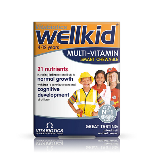 Packaging of Vitabiotics Wellkid Smart Chewable, which is a multi-vitamin supplement for children aged 4-12 years. 