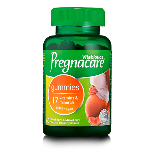A bottle of Vitabiotics Pregnacare Gummies, labeled as 100% Vegan Halal, with the product description and benefits listed on the label.
