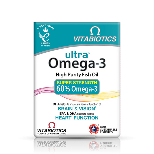 Vitabiotics Ultra Omega-3 High Purity Fish Oil, highlighting 60% Omega-3 content and benefits for heart, brain, and eye health.