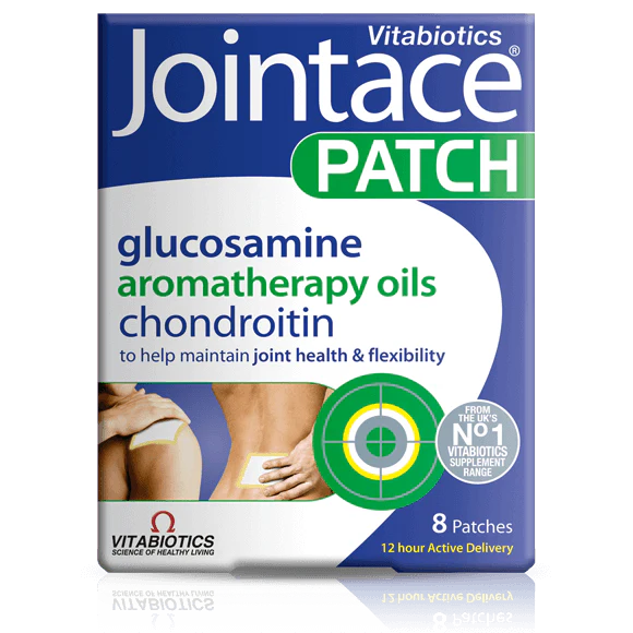 Packaging of Vitabiotics Jointace Patch, which includes glucosamine, aromatherapy oils, and chondroitin for joint comfort. 