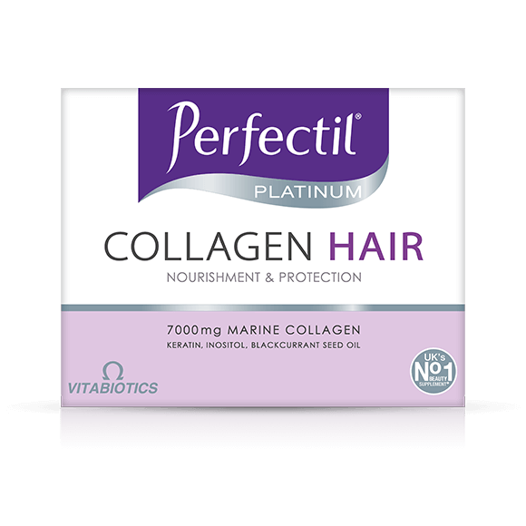 Packaging of Vitabiotics Perfectil Platinum Collagen Hair Drink with branding and product information.