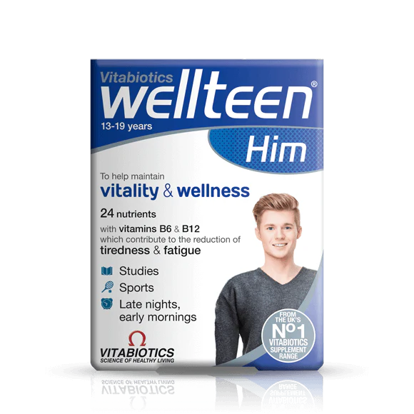 Packaging of Vitabiotics Wellteen Him, a nutritional supplement for teenage boys, showing the product name and description, and an image of a young boy.