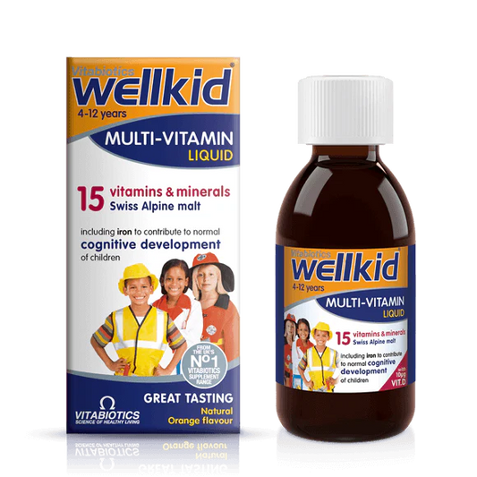 Packaging of Vitabiotics Wellkid Multi-Vitamin Liquid, showing a bottle and box with information and logos.
