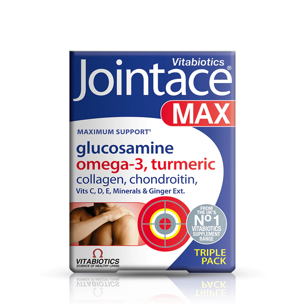 Packaging of Vitabiotics Jointace Max, which includes glucosamine, omega-3, turmeric, collagen, and other vital nutrients for joint health.