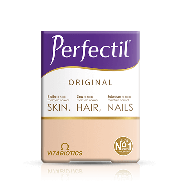 Packaging of Vitabiotics Perfectil Original supplements, with purple and white color scheme,