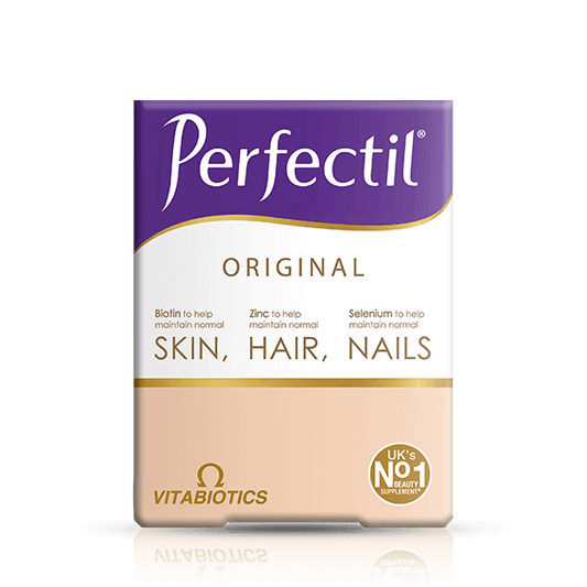 Packaging of Vitabiotics Perfectil Original supplements, with purple and white color scheme,