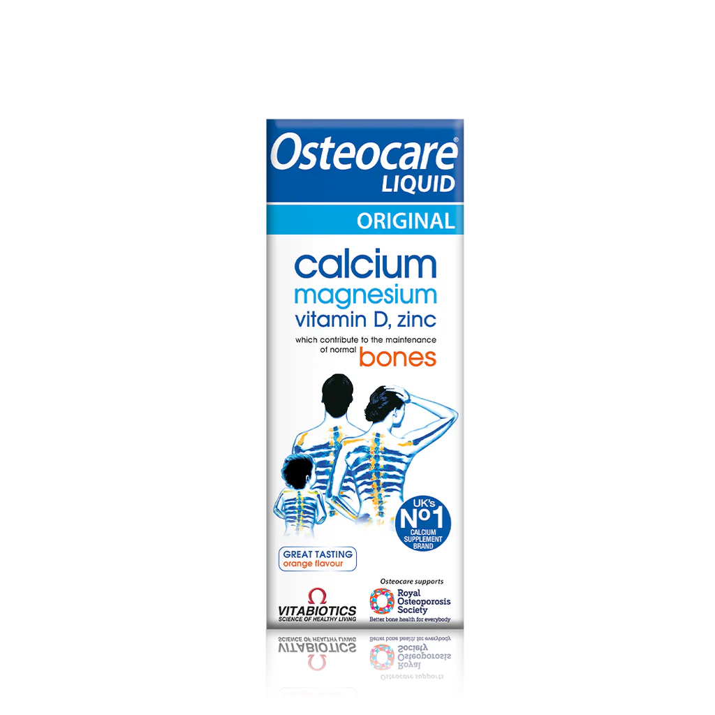 Packaging of Vitabiotics Osteocare Liquid, which is a dietary supplement for bone health. 