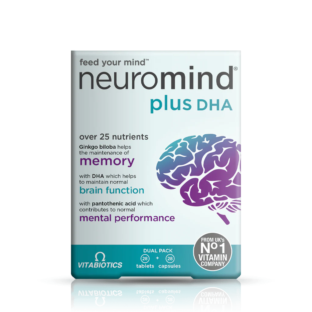 Packaging of Vitabiotics Neuromind Plus DHA, highlighting over 25 nutrients for brain health, with a graphic representation of a brain.