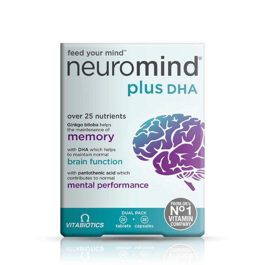 Packaging of Vitabiotics Neuromind Plus DHA, highlighting over 25 nutrients for brain health, with a graphic representation of a brain.