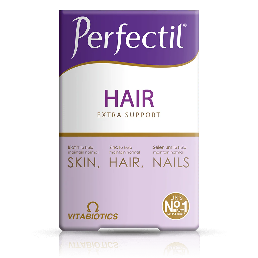 Packaging of Vitabiotics Perfectil Hair, which is a supplement for skin, hair, and nails with a focus on extra support for hair.