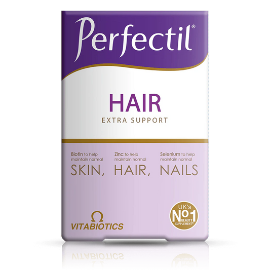 Packaging of Vitabiotics Perfectil Hair, which is a supplement for skin, hair, and nails with a focus on extra support for hair.