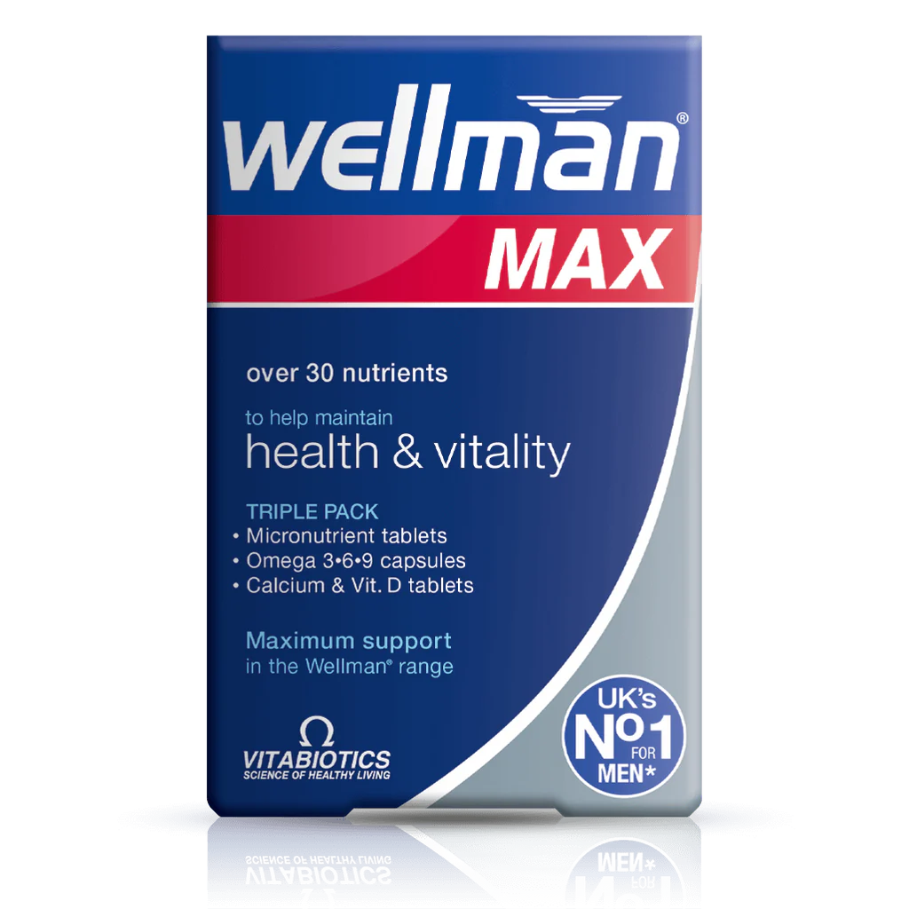 Packaging of Vitabiotics Wellman Max, a nutritional supplement for men's health, showing the product name and benefits 
