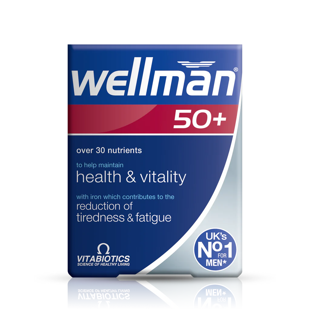 Packaging of Vitabiotics Wellman 50+ nutritional supplement, displaying the product name and key benefits