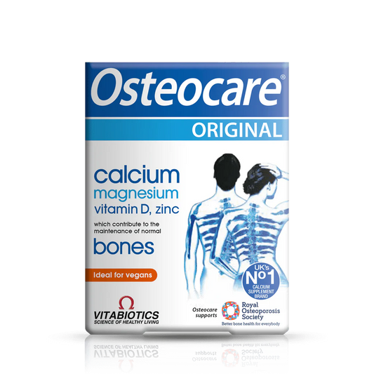 Packaging of Vitabiotics Osteocare Original, highlighting calcium, magnesium, vitamin D, and zinc for bone health, indicating suitability for vegans.