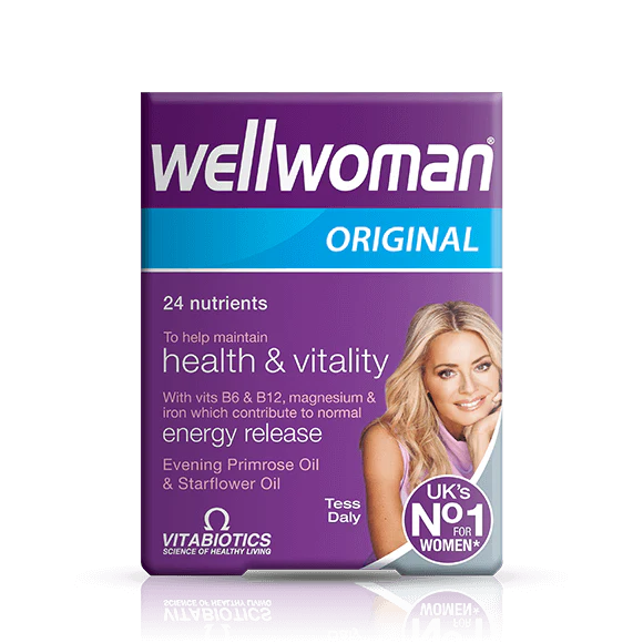Packaging of Vitabiotics Wellwoman Original nutritional supplement with key benefits listed on the box.