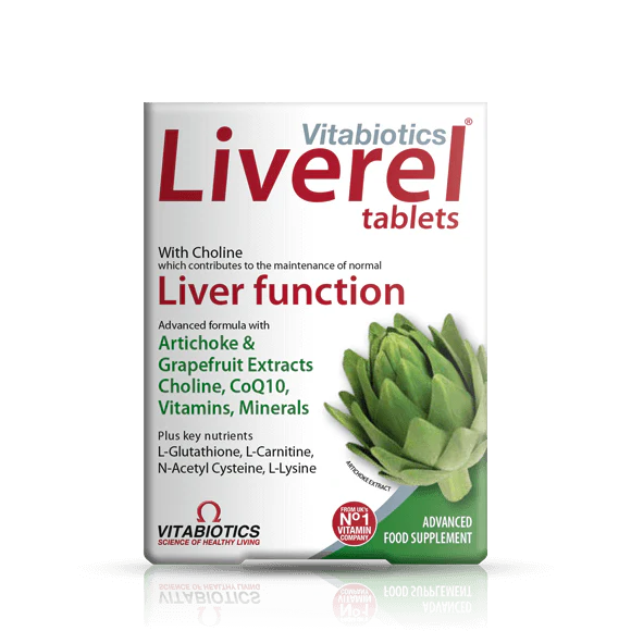 Packaging of Vitabiotics Liverel tablets, which is designed to support liver health with vitamins, minerals, and botanical extracts.