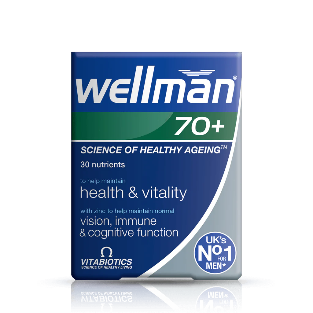 A box of Vitabiotics Wellman 70+ nutritional supplements, with the product name and age group emphasized.