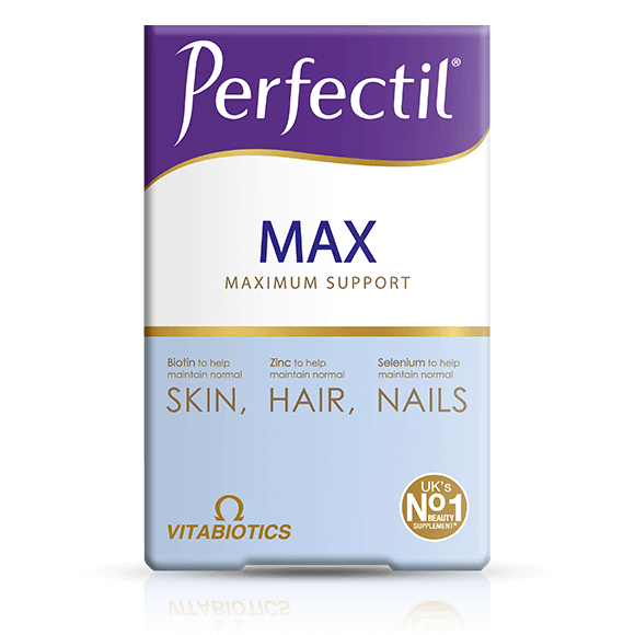 Packaging of Vitabiotics Perfectil Max, a nutritional supplement for skin, hair, and nails, showing the product name and branding.