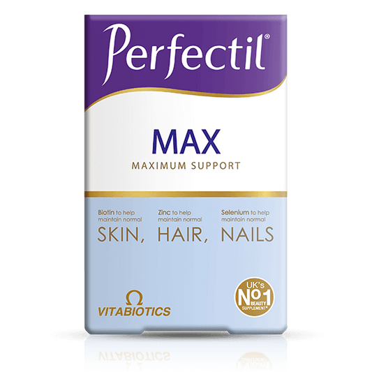 Packaging of Vitabiotics Perfectil Max, a nutritional supplement for skin, hair, and nails, showing the product name and branding.