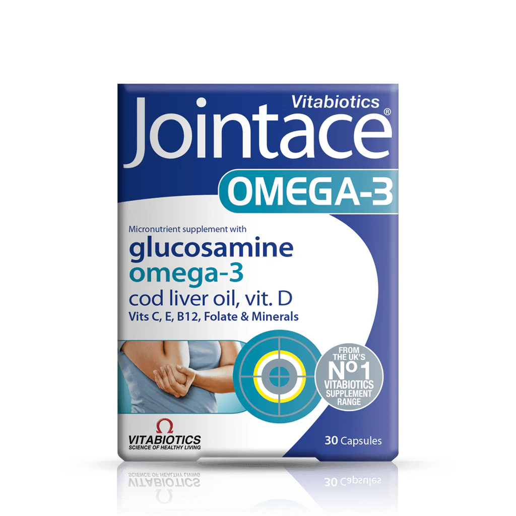 Packaging of Vitabiotics Jointace Omega-3 supplement with 30 capsules, highlighting glucosamine, Omega-3, cod liver oil, and vitamins D, C, E, B12, folate, and minerals.